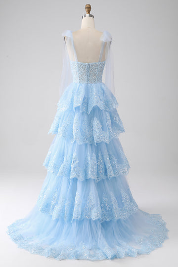 Azzurro Sweetheart Bow Tie Straps Tiered Tulle Paillettes Prom Dress con Appliques
